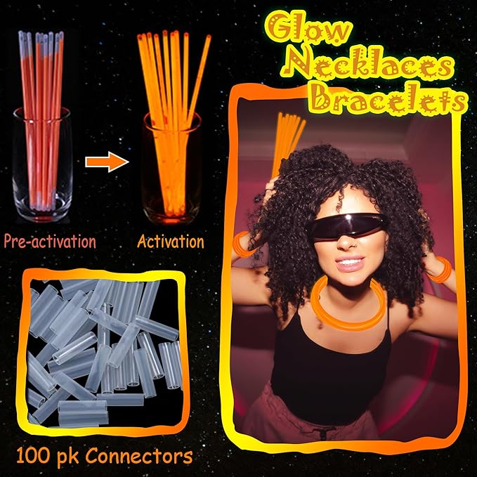 100 pk 8" Orange Glow Sticks Bulk Party Favors, Light up Glow Necklaces & Bracelets in the Dark Party Supplies For Christmas Halloween Birthday Neon Party (100 * Orange)