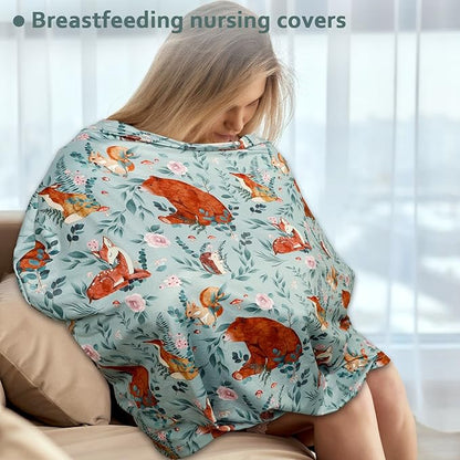 Baby Car Seat Cover, Multi-use Nursing Cover for Breastfeeding, Stretchy Stroller Cover Boys Girls, Stretchy Carseat Canopy, Soft Breathable, Woodland Animal Bear