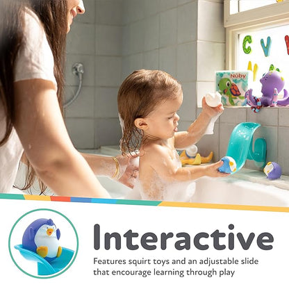 Nuby Penguin Slide Bath Toy Play Set with 4 Bath Squirters - Baby Bath Toys for Boys and Girls 12+ Months - Suction Cup Toy Attaches to Shower Wall