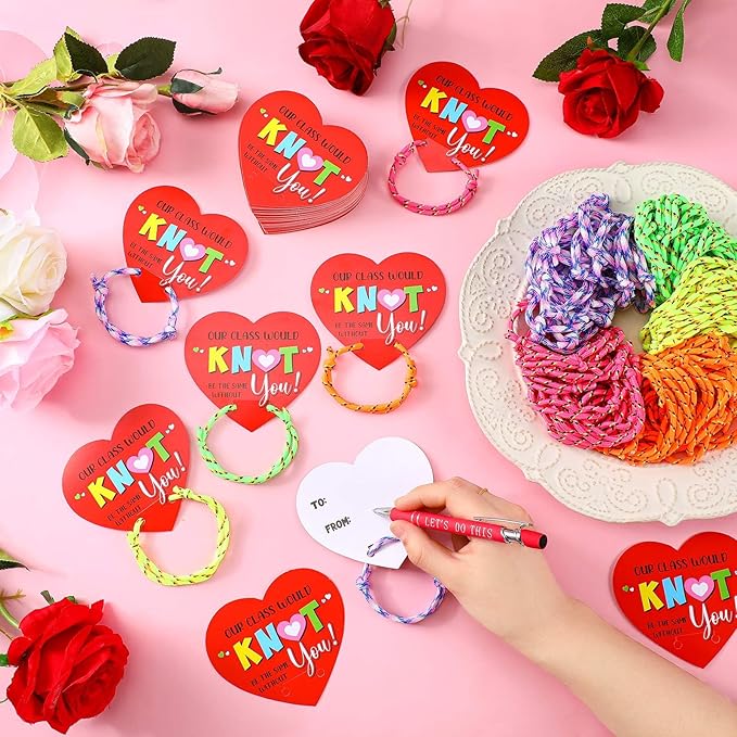 100 Pack Valentine Knot Bracelets with Card Student Valentine Gifts from Teacher Bulk Kids Friendship Bracelets Will Knot Be The Same Without You Classroom Exchange Cards for Party Favors