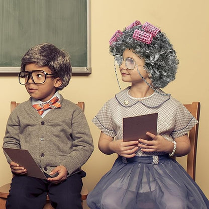 100 Days of School Costume, Old Lady Black White Curly Wig Glasses Wig Cap Necklace Bracelet Hair Rollers Cosplay Kit for Kid
