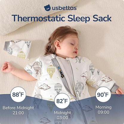 Baby Sleep Sack 18-24 Months, Cotton Detachable Long Sleeve Sleep Sack, 1.0 Tog Toddler Sleeping Sack with Temperature Strips, 2-Way Zipper Wearable Blankets for Newborns, Hot Air Balloon