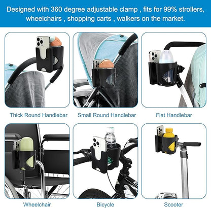 Accmor Universal Cup Holder, Stroller Cup Holder with Phone Holder, 360° Rotatable Large Caliber Designed Bottle Holder for Stroller, Bike, Wheelchair, Walker, Scooter