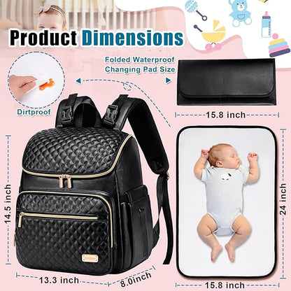 Weitars Diaper Bag Backpack Leather Baby Diaper Bag with Changing Pad Travel Diaper Backpack,Baby Bag for Mom,Stroller Straps,5 Insulated Pockets (Black Leather)