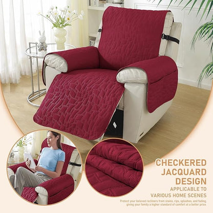 100% Waterproof Recliner Chair Covers for Reclining Chair, Small Recliner Covers That Stay in Place, Non-Slip Recliner Armchair Cover with Pockets for Kids, Pets, Dogs, Cat, Washable,Red,28IN