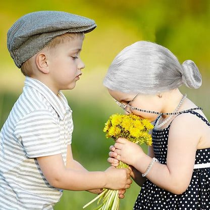 100 Days of School Costume, Old Lady Cosplay Silver Bun Wig Glasses Wig Cap Pearl Necklace Bracelet Accessories for Girls