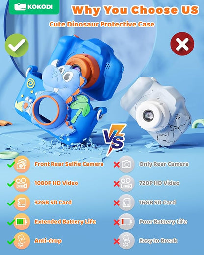 KOKODI Kids Camera Toy Digital Camera for Kids, Dinosaurs Birthday Gifts for Boys Age 3-12, 1080P HD Video Camera for Toddler, Children Toys for 3 4 5 6 7 8 9 Year Old Boys with 32GB SD Card