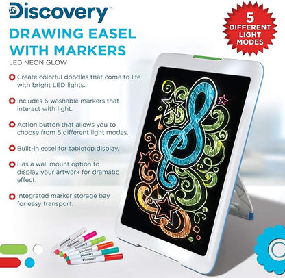 Discovery Kids Neon Glow Drawing Easel w/ 6 Color Markers, Built-in Kickstand/Wall Mount, 5 Light Modes, Easy Clean/Washable, Wide Screen, Flat Storage, Portable Travel Activity, Electronic Activity