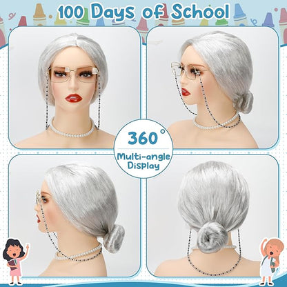 100 Days of School Costume, Old Lady Cosplay Silver Bun Wig Glasses Wig Cap Pearl Necklace Bracelet Accessories for Girls