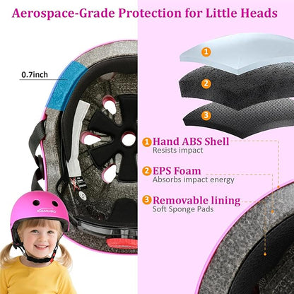KAMUGO Kids Adjustable Helmet, with Sports Protective Gear Set Knee Elbow Wrist Pads for Toddler Age 2-8 Boys Girls, Bike Skateboard Hoverboard Scooter Rollerblading Helmet Set
