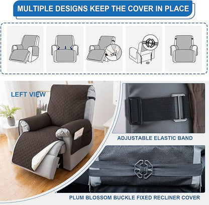 100% Waterproof Recliner Covers for Small recliners, Anti-Slip Recliner Chair Covers with 5 Pockets, Elastic Straps, Washable Recliner Protector for Kids, Pets, Dogs, Brown