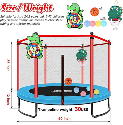 Pink Indoor Trampoline for Kids 2-5, 5ft Mini Indoor & Outdoor Small Toddler Trampoline with Net and Basketball Hoop