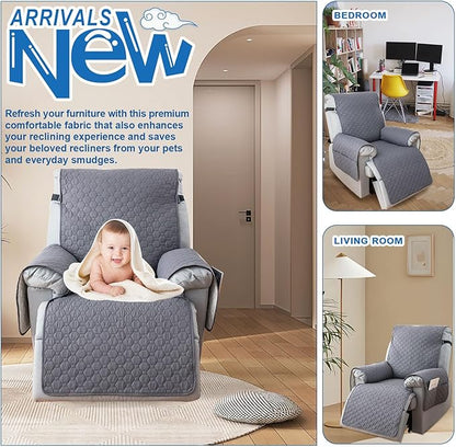 100% Waterproof Nonslip Recliner Covers for Large Recliner, Reclining Chair Covers with 5 Pockets, Elastic Straps, Washable Recliner Protector for Kids, Pets, Dogs, Light Gray