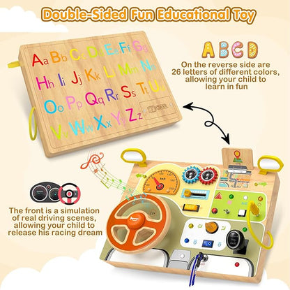Montessori Toddler Toys - Baby Wooden Busy Board - Sensory Toys with Light Switch - Travel Toys for Educational Toddler Activities for Toddlers 1 2 3 4+ Year Old