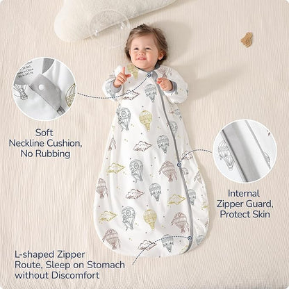 Baby Sleep Sack 6-12 Months, Cotton Detachable Long Sleeve Sleep Sack, 1.0 Tog Toddler Sleeping Sack with Temperature Strips, 2-Way Zipper Wearable Blankets for Newborns, Hot Air Balloon