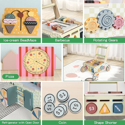 Wooden Push Walker for Babies with Wheels 12 Months+ Wooden Baby Walker Activity Walker for Babies Montessori Multiple Learning Activities Center Walking Toy Adjustable Speed Birthday Gift