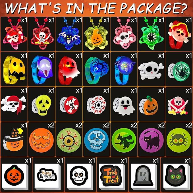 100 PCS Halloween Party Favors for Kids, Halloween Glow in the Dark Toys Rotating Spin Light Up Necklaces, LED Rings Bracelets Balls Decorations, Halloween Trick or Treats Classroom Goodie Bag Fillers