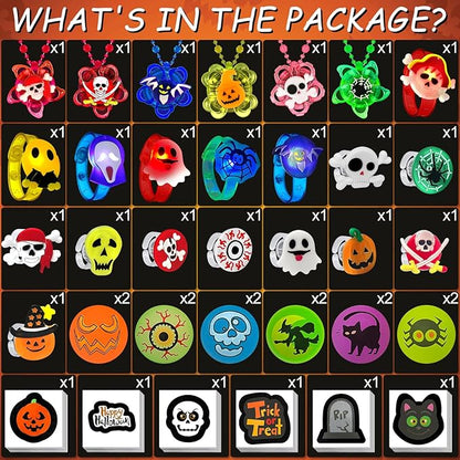 100 PCS Halloween Party Favors for Kids, Halloween Glow in the Dark Toys Rotating Spin Light Up Necklaces, LED Rings Bracelets Balls Decorations, Halloween Trick or Treats Classroom Goodie Bag Fillers