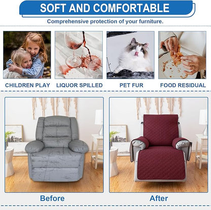 100% Waterproof Nonslip Recliner Covers for Large Recliner, Reclining Chair Covers with 5 Pockets, Elastic Straps, Washable Recliner Protector for Kids, Pets, Dogs, Red