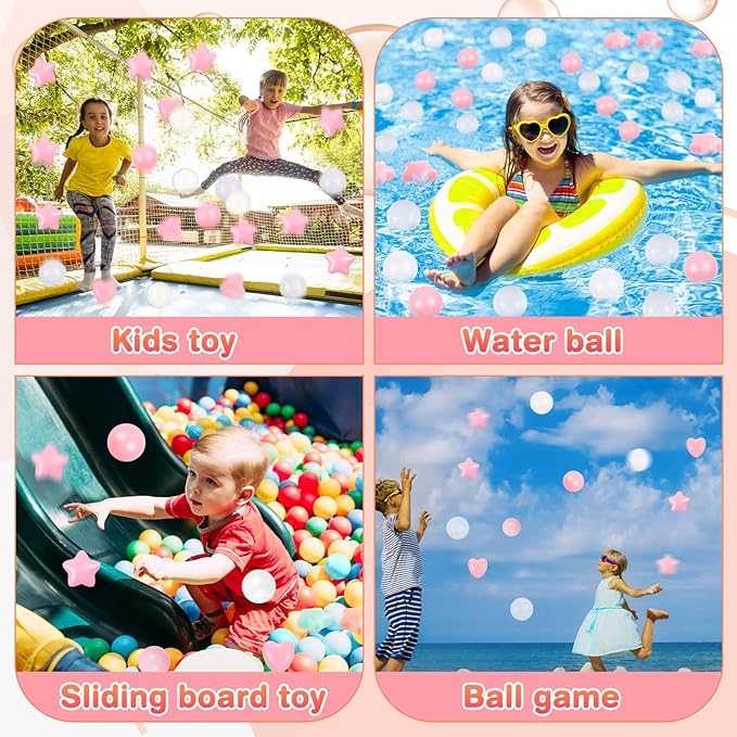 100 Pieces Ball Pit Balls Plastic Colorful Balls for Ball Pit Five Pointed Star Heart Round Ocean Soft Ball 2.17 Inch for Baby Kid Playpen Friendship Party Decoration(Pink White Clear)