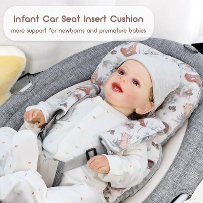 Infant Car Seat Insert, Car Seat Head Support Baby Girls Boys, Soft & Reversible Newborn Carseat Insert Cushion with 2 Strap Covers, for Stroller, Swing, Bouncer (Gray Animals)