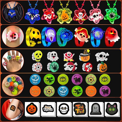 100 PCS Halloween Party Favors for Kids, Halloween Glow in the Dark Toys Rotating Spin Light Up Necklaces, LED Rings Bracelets Balls Decorations, Halloween Trick or Treats Classroom Goodie Bag Fillers