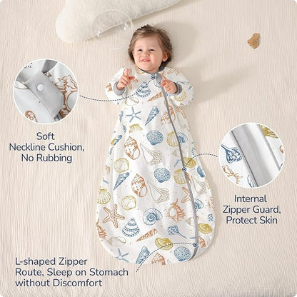 Baby Sleep Sack 18-24 Months, Cotton Detachable Long Sleeve Sleep Sack, 1.0 Tog Toddler Sleeping Sack with Temperature Strips, 2-Way Zipper Wearable Blankets for Newborns, Ocean