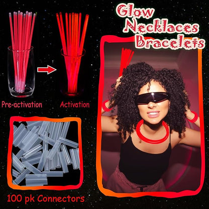 100 pk 8" Glow Sticks Bulk Party Favors, Light up Glow Necklaces & Bracelets in the Dark Party Supplies For Christmas Halloween 4th of July Birthday Neon Party (100 * Red)
