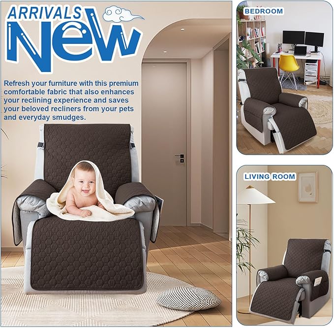 100% Waterproof Recliner Chair Covers, Anti-Slip Recliner Cover, Washable Recliner Slipcover with Pocket, Elastic Straps for Pets, Dogs, Brown