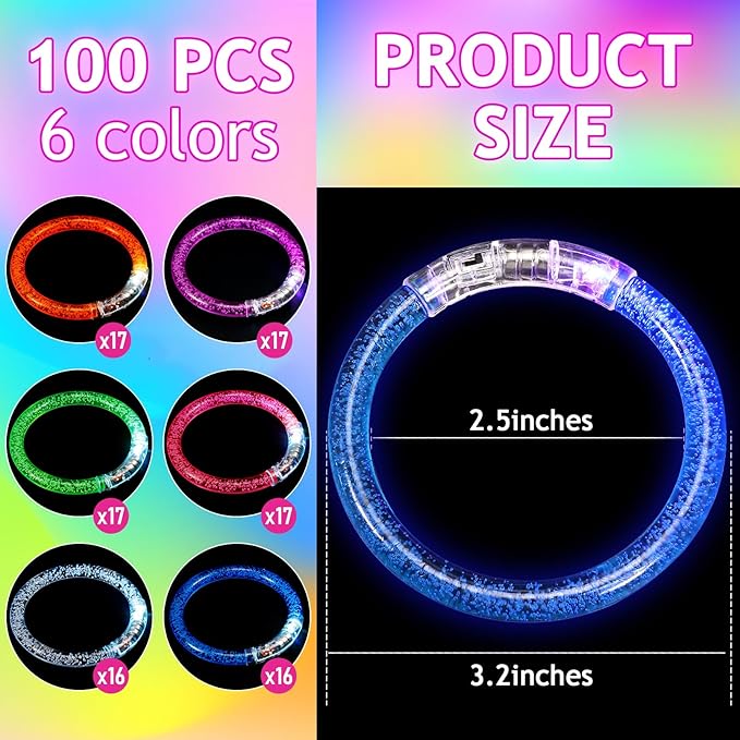 100 Pcs LED Bracelets,6 Color Glow Bracelets,Light Up Bracelets,Glow in the Dark Party Supplies for Kids & Adults,Glow in The Dark Bracelets for Concert Birthday Carnival Party Favors