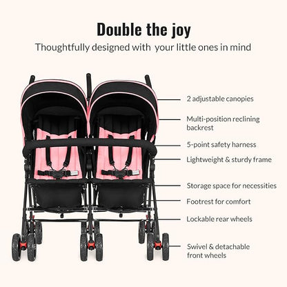Dream On Me Volgo Twin Umbrella Stroller in Pink, Lightweight Double Stroller for Infant & Toddler, Compact Easy Fold, Large Storage Basket, Large and Adjustable Canopy