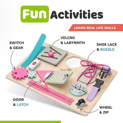 Busy Board Montessori Toys for Toddlers, Sensory Wooden Toy with 10 Preschool Learning Activities for Fine Motor Skills, Educational Plane and Car Travel Toy for Toddlers Boys and Girls