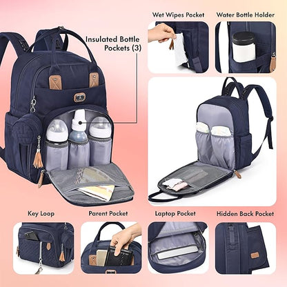 Dikaslon Diaper Bag Backpack with Portable Changing Pad, Pacifier Case and Stroller Straps, Large Unisex Baby Bags for Boys Girls, Multipurpose Travel Back Pack Moms Dads, Navy Blue