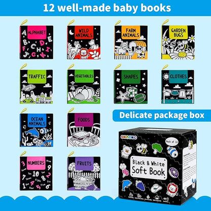 OKOOKO Soft Baby Books Black and White High Contrast 12PCS Soft Cloth Books Bath Books Crinkle Washable Non-Toxic Early Education Preschool Learning Toy for Newborns Babies Infants Toddlers Kids