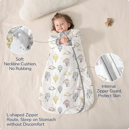 Baby Sleep Sack 18-24 Months, Cotton Detachable Long Sleeve Sleep Sack, 1.0 Tog Toddler Sleeping Sack with Temperature Strips, 2-Way Zipper Wearable Blankets for Newborns, Hot Air Balloon
