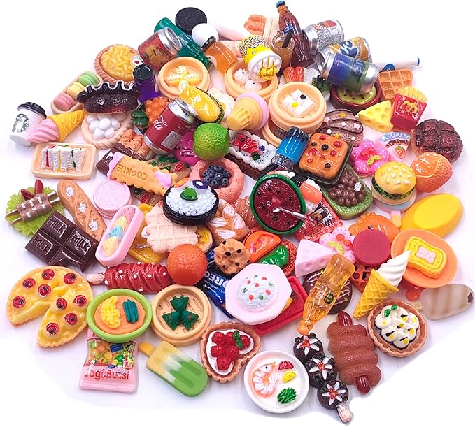 100pcs Miniature Food Drinks Bottle Toys Dollhouse Mixed Resin Accessories for Adults Kids Kitchen Accessories for Pretend Play (Hamburger, Pizza,Cake,Ice Cream,Bread)