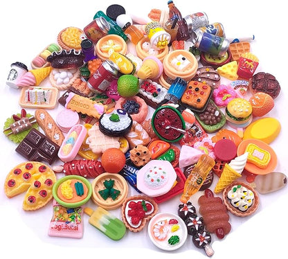 100pcs Miniature Food Drinks Bottle Toys Dollhouse Mixed Resin Accessories for Adults Kids Kitchen Accessories for Pretend Play (Hamburger, Pizza,Cake,Ice Cream,Bread)