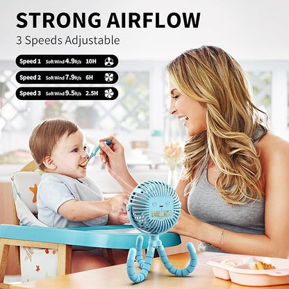 AMACOOL Battery Operated Stroller Fan Flexible Tripod Clip On Fan with 3 Speeds and Rotatable Handheld Personal Fans for Car Seat Crib Bike Treadmill (Blue)