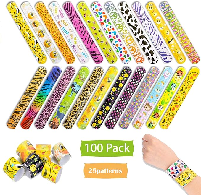 100 Pack Slap Bracelets | Slap Bands Birthday Party Supplies Favors with Hearts & Animal Print | One Size Fits All | For Kids, Boys, And Girls