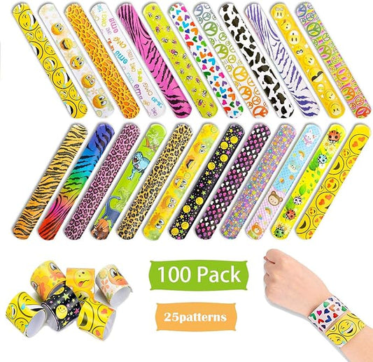 100 Pack Slap Bracelets | Slap Bands Birthday Party Supplies Favors with Hearts & Animal Print | One Size Fits All | For Kids, Boys, And Girls