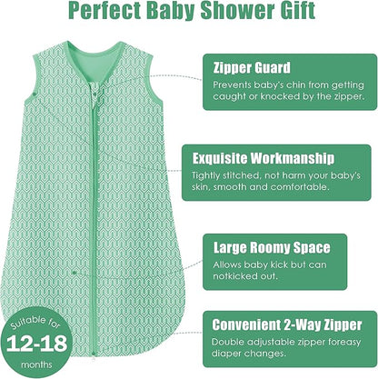 SWEET DOLPHIN Baby Sleep Sack 12-18 Months - 100% Cotton 2-Way Zipper TOG 0.5 Infant Wearable Blanket, Newborn Essentials Toddler 3 Pack Sleeping Sacks - Green