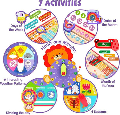 Montessori Toys for 4 Year Old,Wooden Calendar and Teaching Clock for Kids Learning Clock for Telling Time, Date, Days of The Months, Seasons and Weather-Educational Toys for Boys and Girls（7 in 1）