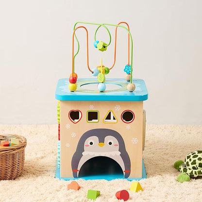 Amazon Basics Kids Wooden Educational Activity Learning Cube Toy, Gift for Toddlers Age 12M+, Developmental Shape Sorter, Multicolor, 13.4x22.5x13.4inches