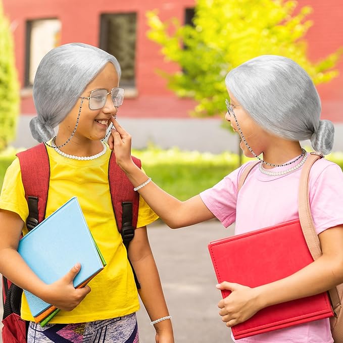 100 Days of School Costume, Old Lady Cosplay Silver Bun Wig Glasses Wig Cap Pearl Necklace Bracelet Accessories for Girls