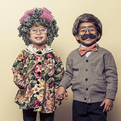 100 Days of School Costume, Old Lady Black White Curly Wig Glasses Wig Cap Necklace Bracelet Hair Rollers Cosplay Kit for Kid