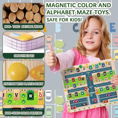 Magnetic Alphabet Maze Toys for 3 4 5 Year Old Boys and Girls Toddlers Learning Activities Toys Cute Car Letters ABC Montessori Fine Motor Skills Toys for Kids Travel Toys for Kids (Traffic)