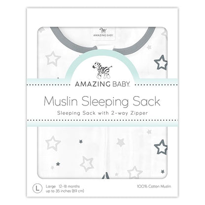Amazing Baby Cotton Muslin Sleeping Sack, For Baby Boy or Girl, Wearable Blanket with 2-way Zipper, Stars, Sterling, Small (0-6 Month)