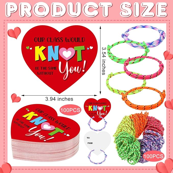 100 Pack Valentine Knot Bracelets with Card Student Valentine Gifts from Teacher Bulk Kids Friendship Bracelets Will Knot Be The Same Without You Classroom Exchange Cards for Party Favors