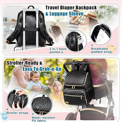 Weitars Diaper Bag Backpack Leather Baby Diaper Bag with Changing Pad Travel Diaper Backpack,Baby Bag for Mom,Stroller Straps,5 Insulated Pockets (Black Leather)