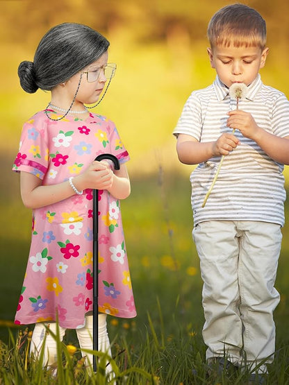 100 Days of School Costume, Old Lady Cosplay Girls Black White Bun Wig Cap Glasses Cane Necklace Bracelet for Kids